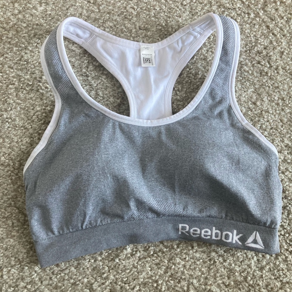 Grey and white Reebok Sports Bra